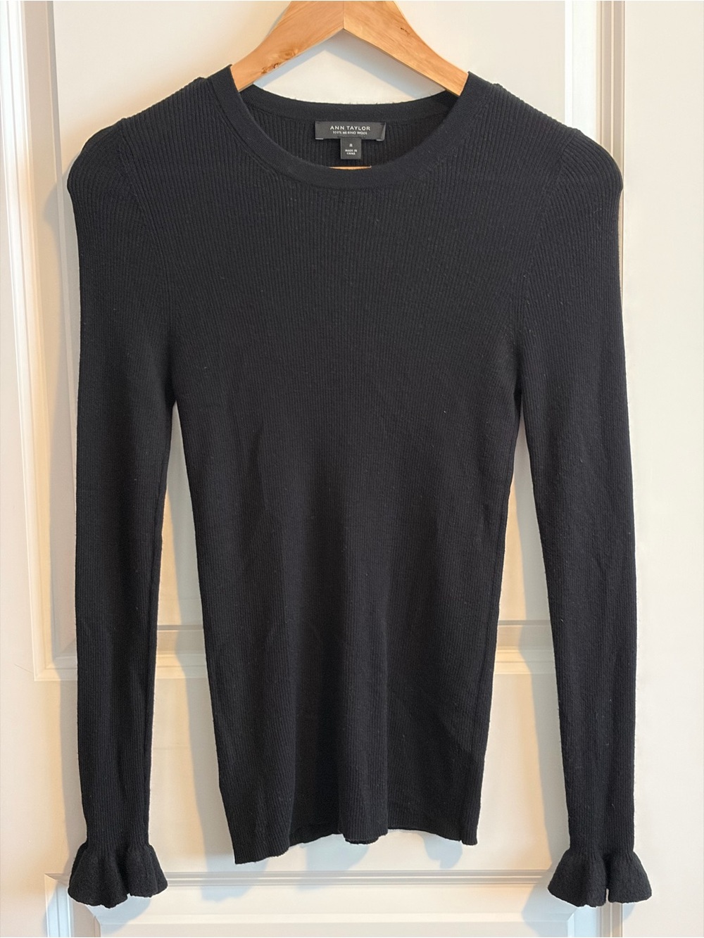 Ann Taylor Merino Wool Black Ribbed Crewneck Sweater with Flared Cuffs